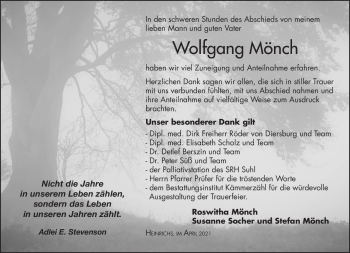 Traueranzeige von Wolfgang Mönch von Südthüringer Presse