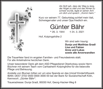 Traueranzeige von Günter Bähr von Frankenpost