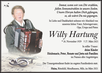 Traueranzeige von Willy Hartung von Südthüringer Presse