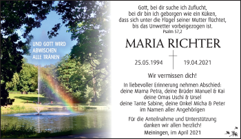 Traueranzeige von Maria Richter von Südthüringer Presse