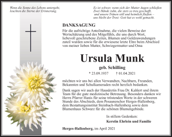 Traueranzeige von Ursula Munk von Südthüringer Presse