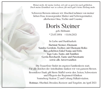 Traueranzeige von Doris Steiner von Südthüringer Presse