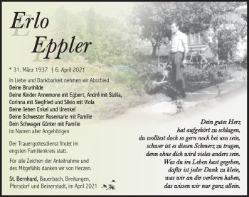 Traueranzeige von Erlo Eppler von Südthüringer Presse