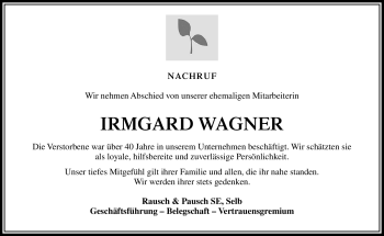 Traueranzeige von Irmgard Wagner von Frankenpost