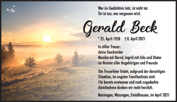 Traueranzeige von Gerald Beck von Südthüringer Presse