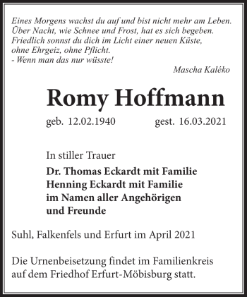 Traueranzeige von Romy Hoffmann von Südthüringer Presse