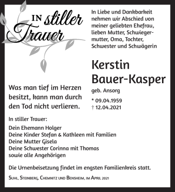 Traueranzeige von Kerstin Bauer-Kasper von Südthüringer Presse