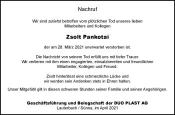 Traueranzeige von Zsolt Pankotai von Südthüringer Presse