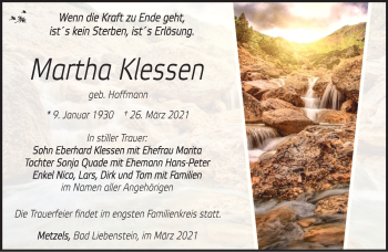 Traueranzeige von Martha Klessen von Südthüringer Presse