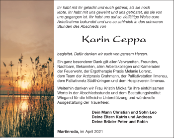 Traueranzeige von Karin Ceppa von Südthüringer Presse