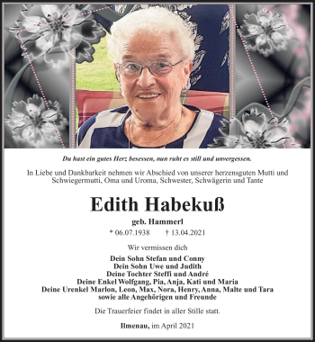 Traueranzeige von Edith Habekuß von Südthüringer Presse