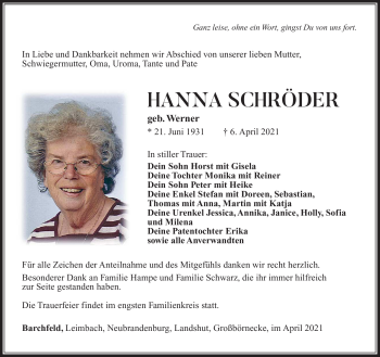Traueranzeige von Hanna Schröder von Südthüringer Presse