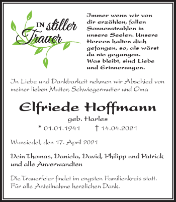 Traueranzeige von Elfriede Hoffmann von Frankenpost