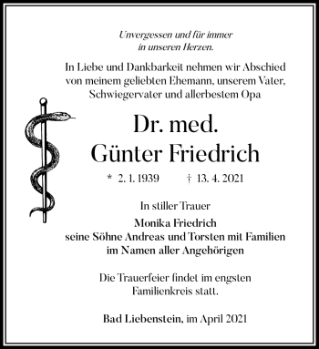 Traueranzeige von Günter Friedrich von Südthüringer Presse