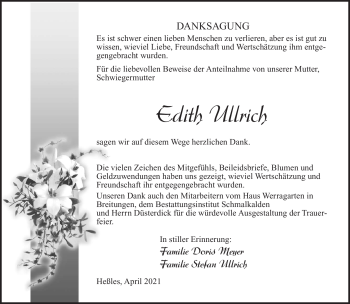 Traueranzeige von Edith Ullrich von Südthüringer Presse