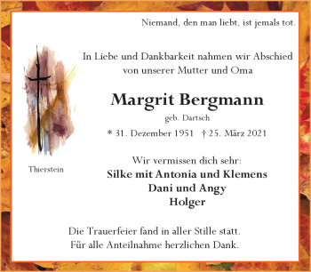Traueranzeige von Margrit Bergmann von Frankenpost