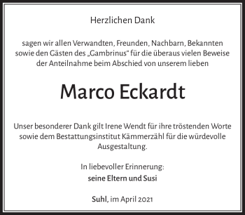 Traueranzeige von Marco Eckardt von Südthüringer Presse
