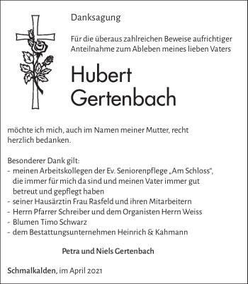 Traueranzeige von Hubert Gertenbach von Südthüringer Presse