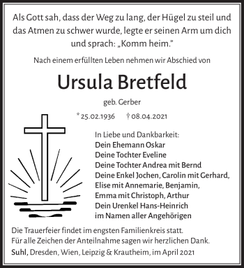 Traueranzeige von Ursula Bretfeld von Südthüringer Presse