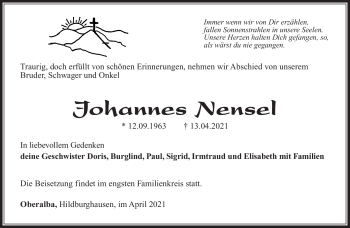 Traueranzeige von Johannes Nensel von Südthüringer Presse