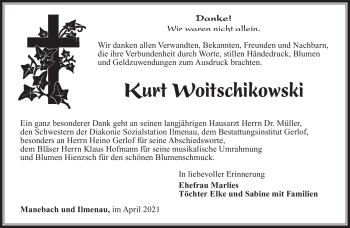 Traueranzeige von Kurt Woitschikowski von Südthüringer Presse