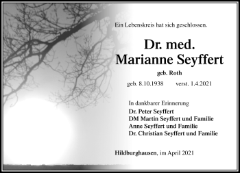 Traueranzeige von Marianne Seyfferth von Südthüringer Presse