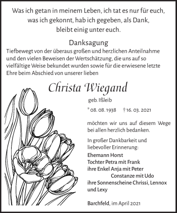 Traueranzeige von Christa Wiegand von Südthüringer Presse