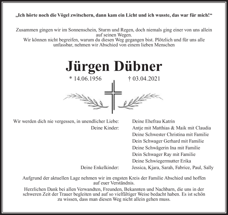  Traueranzeige für Jürgen Dübner vom 16.04.2021 aus Südthüringer Presse