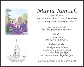 Traueranzeige von Maria Römich von Neue Presse Coburg