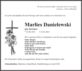 Traueranzeige von Marlies Danielewski von Südthüringer Presse