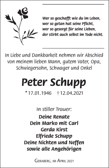 Traueranzeige von Peter Schupp von Südthüringer Presse