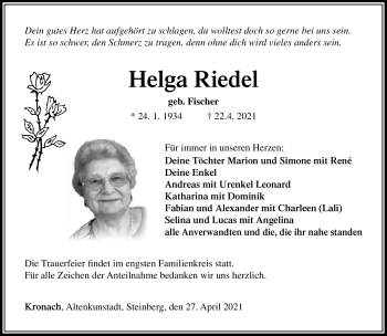 Traueranzeige von Helga Riedel von Neue Presse Coburg