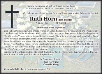 Traueranzeige von Ruth Horn von Südthüringer Presse