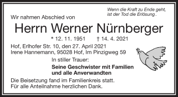 Traueranzeige von Werner Nürnberger von Frankenpost