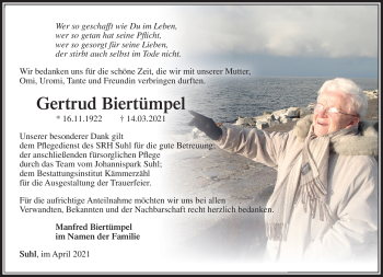 Traueranzeige von Gertrud Biertümpel von Südthüringer Presse