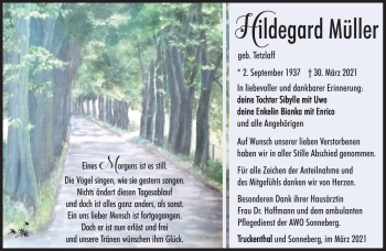 Traueranzeige von Hildegard Müller von Südthüringer Presse