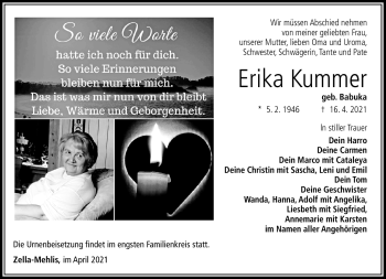 Traueranzeige von Erika Kummer von Südthüringer Presse