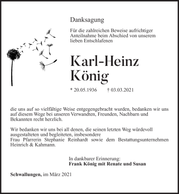Traueranzeige von Karl-Heinz König von Südthüringer Presse