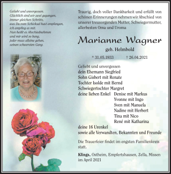 Traueranzeige von Marianne Wagner von Südthüringer Presse