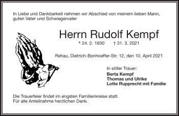 Traueranzeige von Rudolf Kempf von Frankenpost