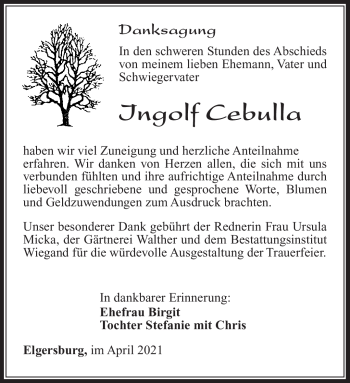 Traueranzeige von Ingolf Cebulla von Südthüringer Presse