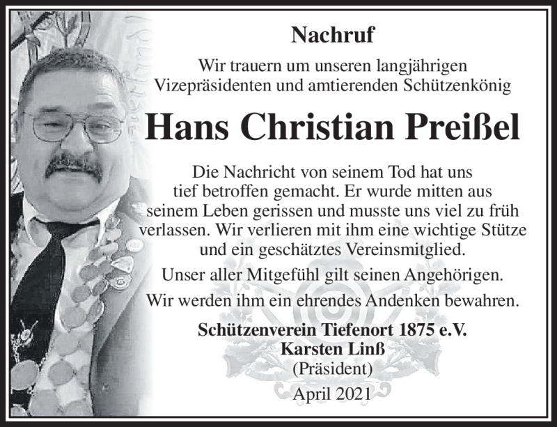  Traueranzeige für Hans Christian Preißel vom 24.04.2021 aus Südthüringer Presse