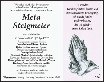 Traueranzeige von Meta Steigmeier von Südthüringer Presse
