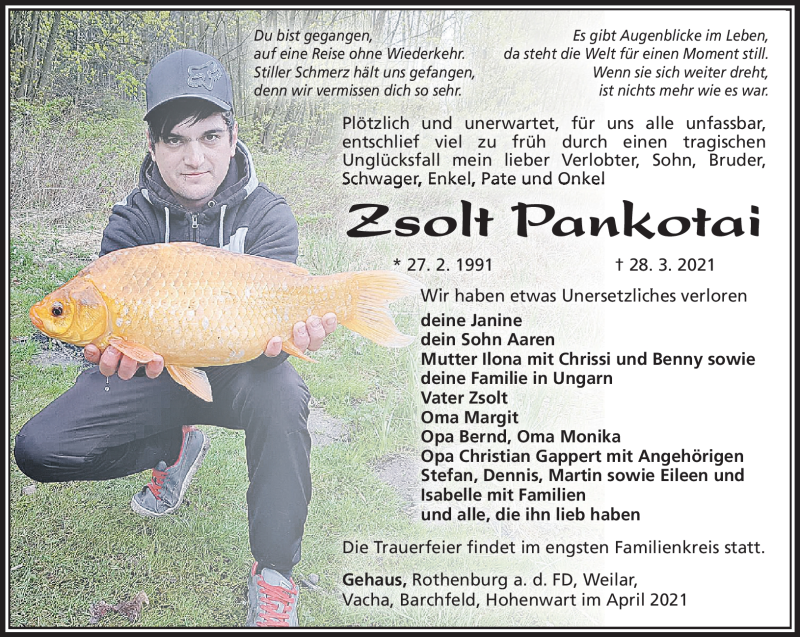  Traueranzeige für Zsolt Pankotai vom 03.04.2021 aus Südthüringer Presse