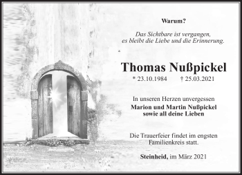 Traueranzeige von Thomas Nußpickel von Südthüringer Presse