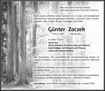 Traueranzeige von Günter Zoczek von Südthüringer Presse