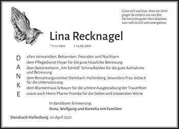 Traueranzeige von Lina Recknagel von Südthüringer Presse