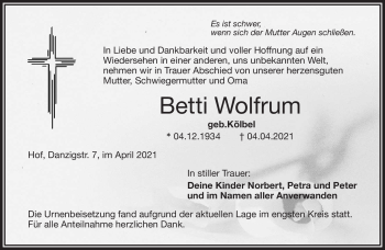 Traueranzeige von Betti Wolfrum von Frankenpost