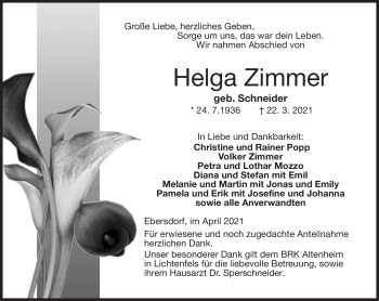 Traueranzeige von Helga Zimmer von Neue Presse Coburg