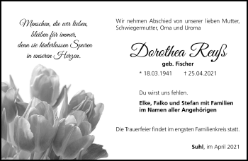 Traueranzeige von Dorothea Reuß von Südthüringer Presse